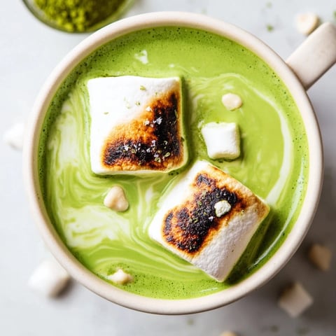 Steaming mug of Toasted Marshmallow Campfire Matcha Hot Cocoa, topped with charred, golden marshmallows waiting to be enjoyed.