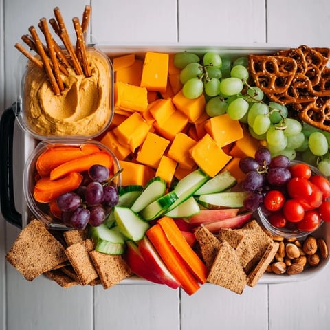 Road trip snack platter overflowing with colorful fruits, veggies, cheese and savory crackers, ready to eat.