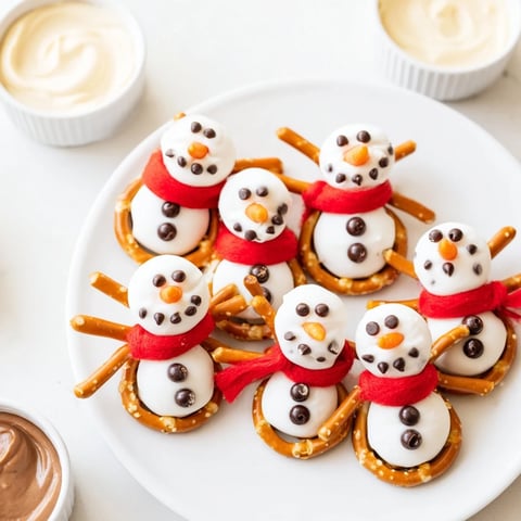 Snowman pretzel platter with creamy dips, ready to serve for a festive holiday appetizer.