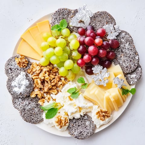 Sparkling Grape and Silver Cracker Platter featuring vibrant red and green grapes, brie, and goat cheese.