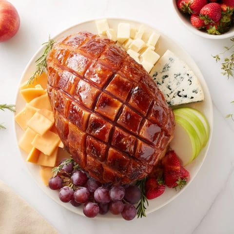 A glistening glazed ham centerpiece board, laden with cheeses, fruit, and crackers for a festive gathering.