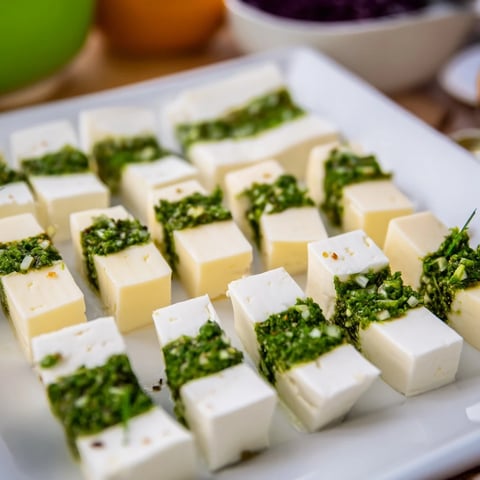 Checkerboard Garden appetizer, a vibrant display of cheeses and herbs, ready to serve with crackers.