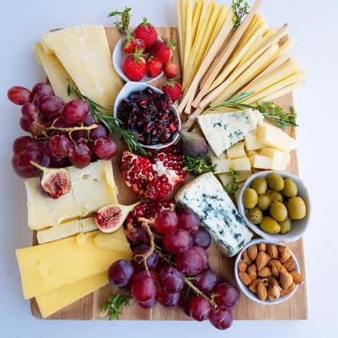 A vibrant grazing board, "The Final Curtain," with cascading cheese and fruit for a delicious appetizer.