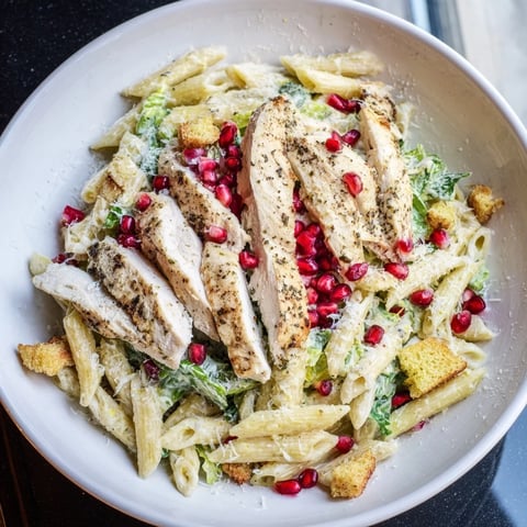 Chicken Caesar Pasta with pomegranate, showcasing tender grilled chicken, juicy pom seeds, and creamy Caesar dressing.