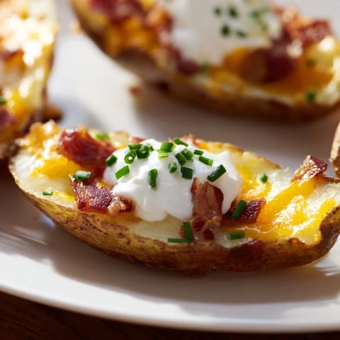 Loaded Baked Potato Skins topped with melted cheddar, crisp bacon, and cool sour cream.