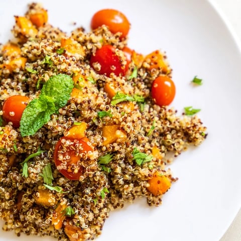 A vibrant bowl of Quinoa Vegetable Pilaf featuring fluffy quinoa mixed with roasted red bell peppers, zucchini, and cherry tomatoes.