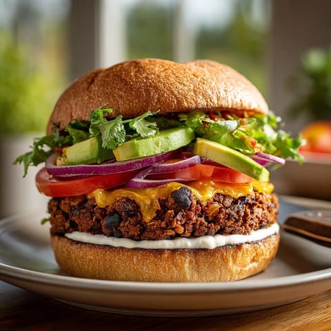 Close-up of a delicious Smoked Chipotle Black Bean Burger, piled high and ready to enjoy.