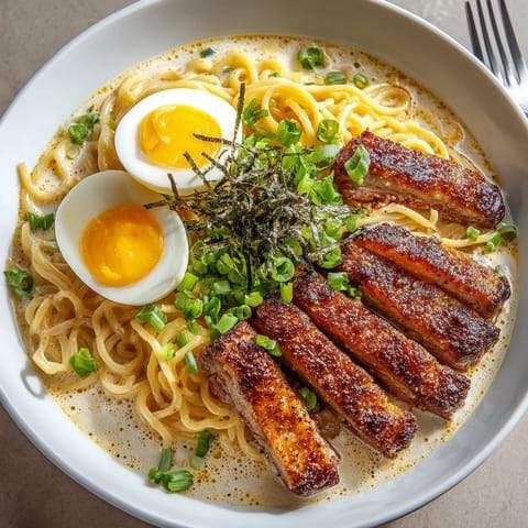 A close-up of creamy ramen pasta fusion with crispy pork belly and vibrant green onion garnish.