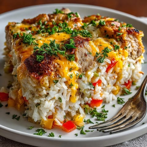 A steaming Cajun Chicken and Rice Casserole topped with melted cheddar and bright parsley garnish