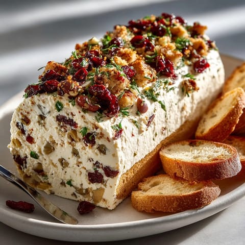 Creamy Festive Holiday Antipasto Cream Cheese Log served with colorful toppings and sliced crackers nearby