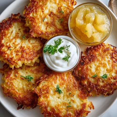 Crispy edges on these German Potato Pancakes invite dipping into applesauce for a comforting bite.