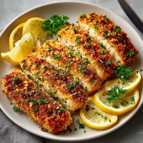 Crispy panko-crusted Garlic Butter Baked Salmon Fingers with bright lemon wedges, plated elegantly.