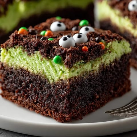 Close-up: Witches&amp;rsquo; Brew Brownies showing moist texture and festive Halloween candy decorations.