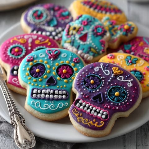 Golden-baked Day of the Dead Sugar Skull Cookies, decorated with piped royal icing flowers.