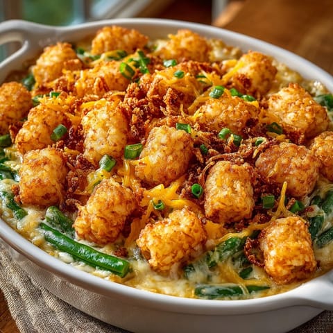 Close-up of flavorful Tater Tot Topped Green Bean Casserole, baked until crispy and cheesy.
