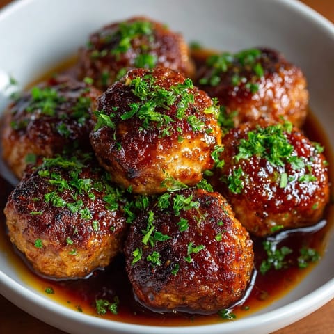 Comforting Apple Cider Glazed Meatballs recipe: browned and bubbling, ready to serve for supper.