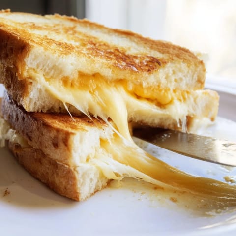 Warm, gooey Grilled Cheese Sandwich on a plate: a perfect lunch with tomato soup.