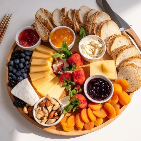 Artisan breads and rich cheeses complement vibrant jams on this delightful brunch board.  