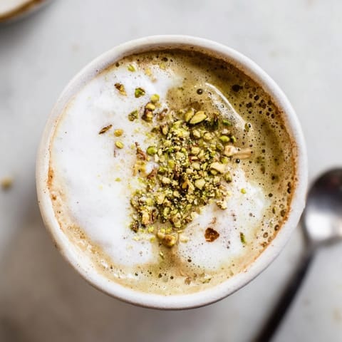 Homemade pistachio milk latte, perfect for a cozy morning or afternoon treat.  
