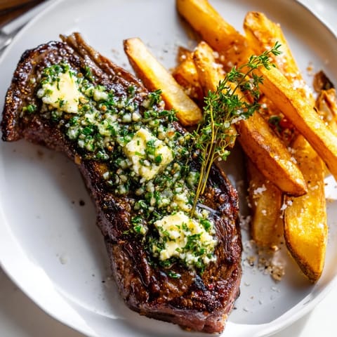 Juicy Steakhouse Garlic Butter Steak served with crispy golden fries on a plate.  