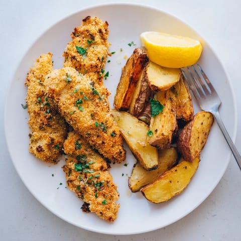 Golden-brown potato wedges complement flavorful herbed chicken tenders for a satisfying meal.  