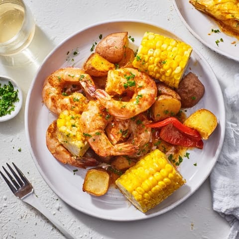 A colorful Cajun shrimp and sweet corn platter with vibrant vegetables.  