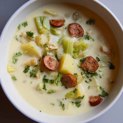 A close-up shot of a comforting Potato, Leek & Chorizo Soup, ready for a chilly evening with crusty bread.