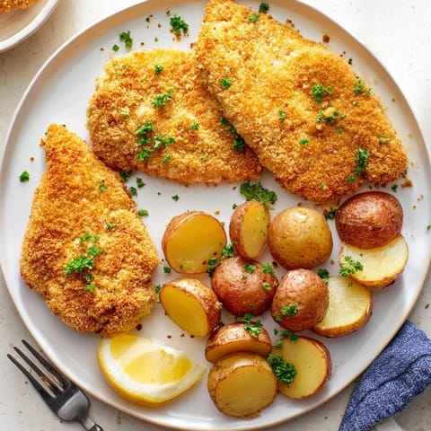 See crispy roasted Parmesan-crusted chicken and potatoes, a flavorful American meal ready to eat.