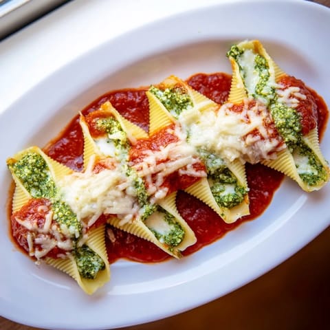 A close-up of baked pesto and ricotta stuffed shells, coated in marinara and ready to serve for dinner.