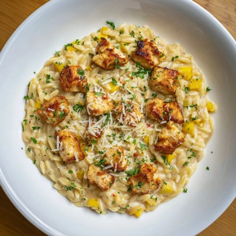 Golden chicken pieces nestled in a rich Cajun Alfredo sauce with perfectly cooked orzo in this one-pot meal.