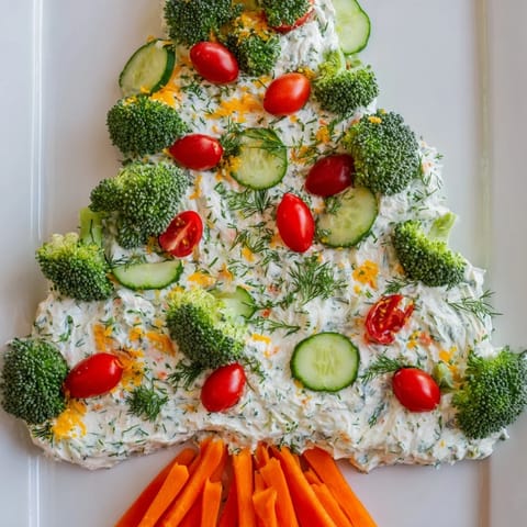 Festive Simplified Christmas Tree Dip arranged beautifully, with colorful vegetables and olives for a holiday snack.