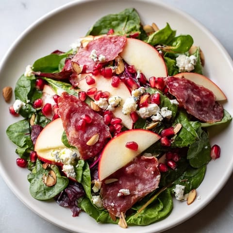 A close-up of a colorful Hot Girl Christmas Salad, showcasing pomegranate seeds, salami, and a tangy dressing.