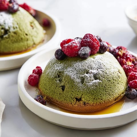 A stack of airy Egg White Gingerbread Matcha Soufflé Pancakes, a delightful brunch with fresh berry toppings.