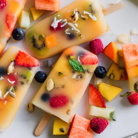 Vibrant Summer Popsicle Board overflowing with colorful popsicles, fruits, and tasty toppings, ready to enjoy.