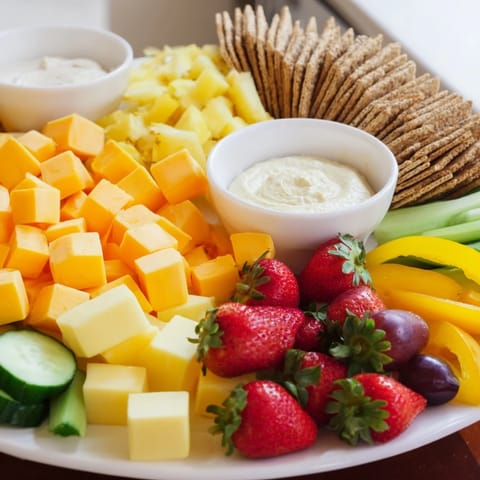 Bright Sunshine Snack Tray overflowing with colorful fruits, veggies, cheese, and dips, ready to serve.
