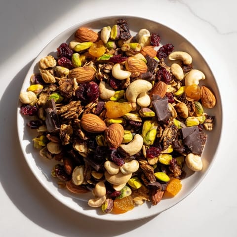 Golden raisins and chocolate chunks in a bowl of Mountain High Adventure Snack Mix, ready to eat.