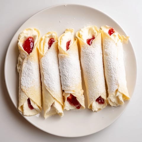 Visual of delicious Snow Angel Tortilla Wraps ready to eat, served with jam and powdered sugar.