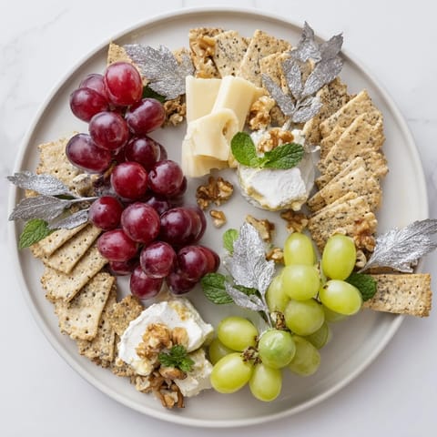 Festive Sparkling Grape and Silver Cracker Platter with glistening silver dust, perfect for a New Year’s appetizer.