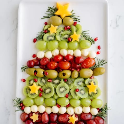 Holiday Christmas Tree Triangle Board arranged with fresh fruit and mozzarella, perfect holiday appetizer.