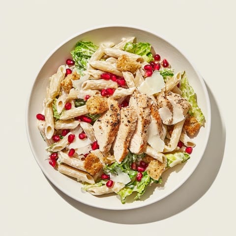 This image shows a vibrant Chicken Caesar Pasta; a delightful mix of textures and flavors appealingly presented.