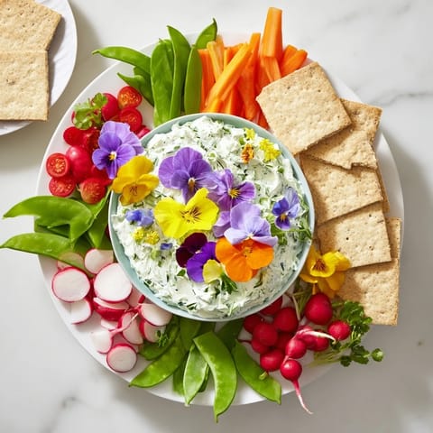 Vibrant fairy garden platter, showcasing colorful edible flowers and fresh vegetable bites with creamy dips.