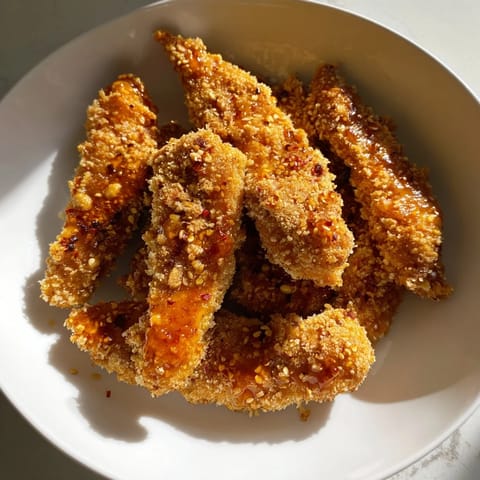 Imagine the crunch: perfectly fried crispy panko chicken tenders, enhanced by sweet hot honey.