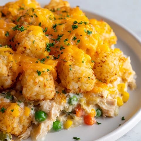 A warm, baked dish of family-favorite Crispy Tater Tot Casserole, showcasing its melted cheesy topping.