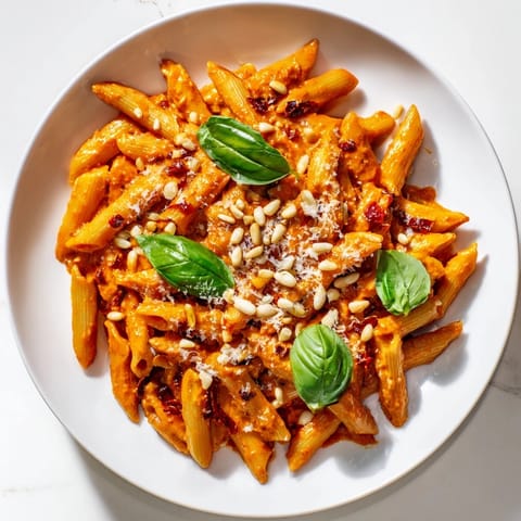 Vibrant plate of sun-dried tomato pesto pasta, tossed and coated in a glossy, flavorful sauce.
