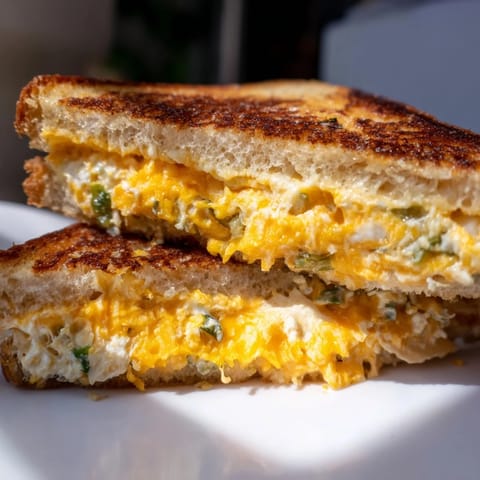 A close-up of the Jalapeño Popper Grilled Cheese, with creamy, spicy filling oozing from crispy, buttery bread slices.  