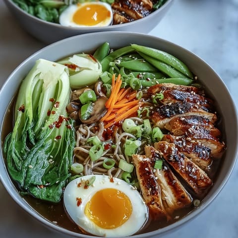 Warm Healthy Miso Chicken Noodle Bowls garnished with chili oil and nori strips.