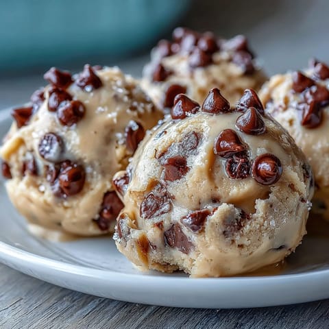 A chilled bowl of Greek Yogurt Cookie Dough shows creamy texture with mini semisweet chocolate chips and vanilla.