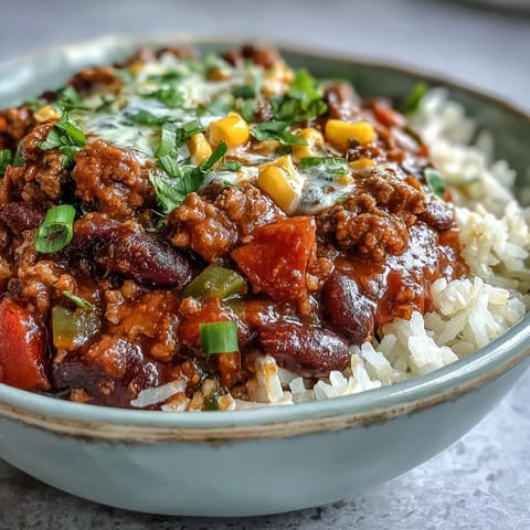 Hearty Chili Bowl Base loaded with ground beef, beans, and corn, piled high over fluffy white rice.