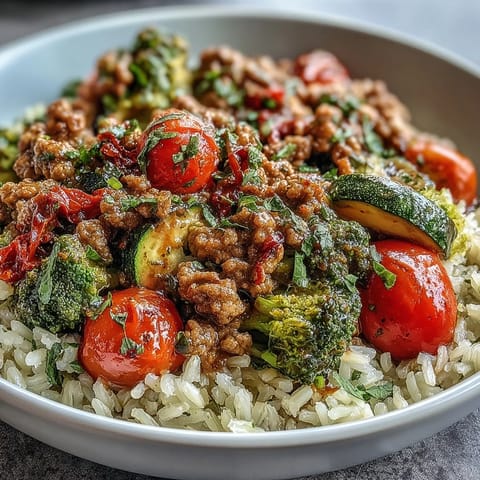A close-up photo of the Ground Turkey Bowl garnished with avocado slices and fresh cilantro.