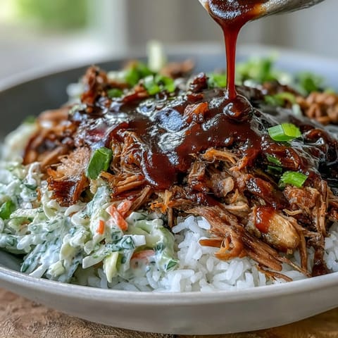 Pulled Pork Bowl featuring juicy pulled pork, fluffy rice, and crisp coleslaw, drizzled with smoky BBQ sauce.
